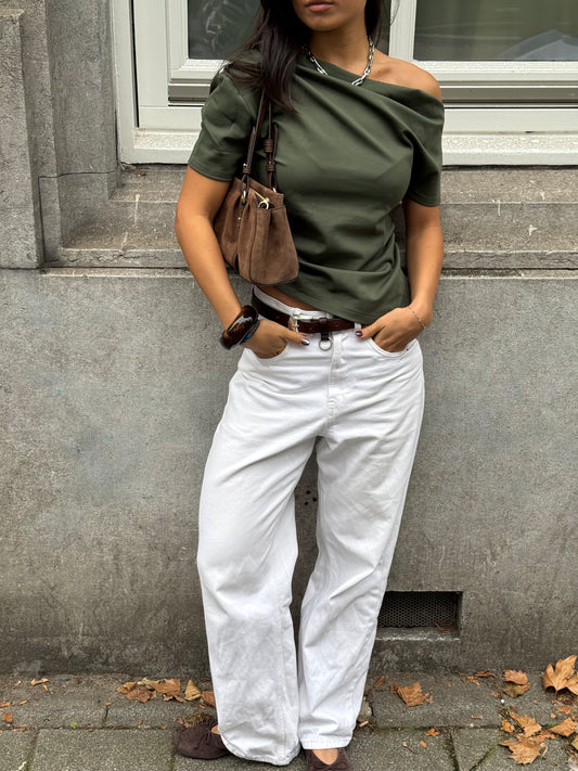 Draped One Shoulder Top Olive Green