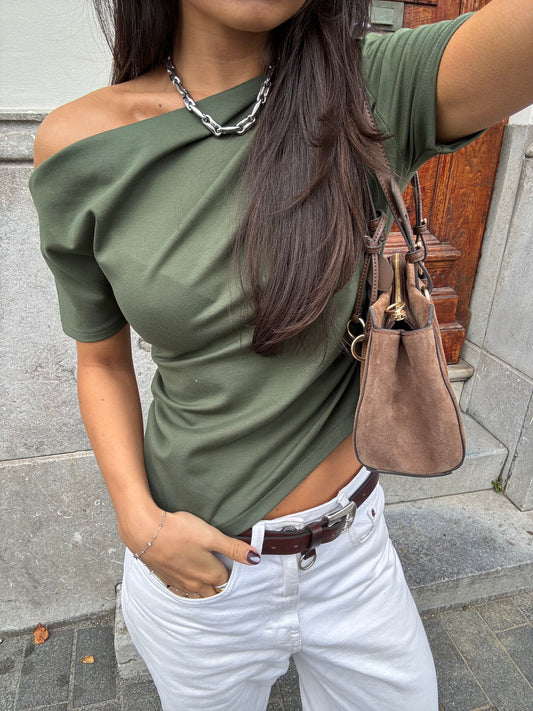 Draped One Shoulder Top Olive Green
